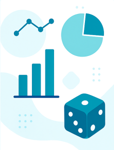 Abstract math background with bar graphs, charts, and dice representing probability and statistics